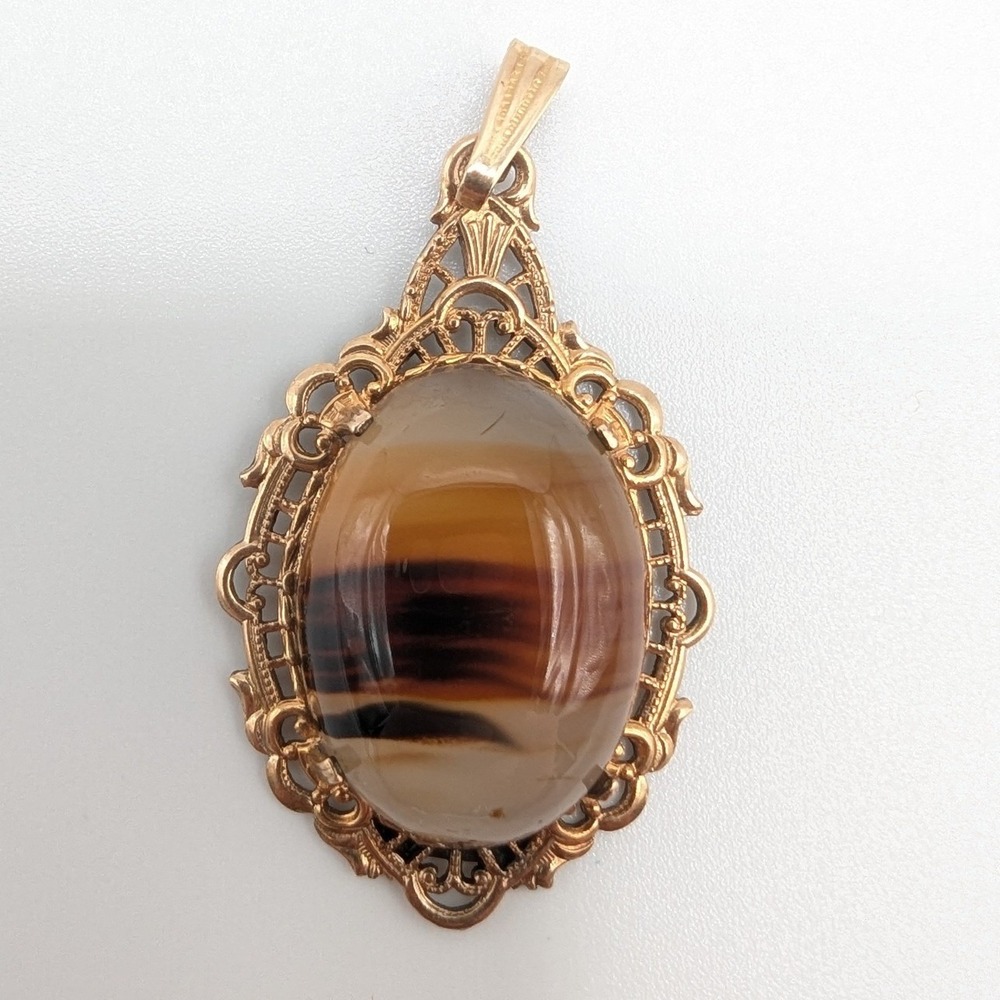 Vintage Z 1/20 12K GF Banded Agate Filigree Oval Pendant Gold Filled